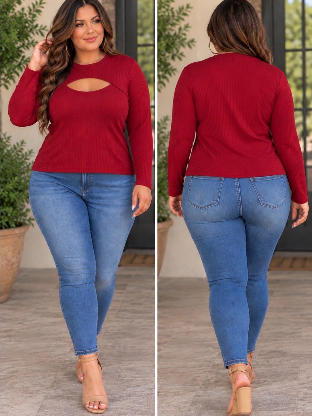 Red Ribbed Long Sleeve Cutout Top